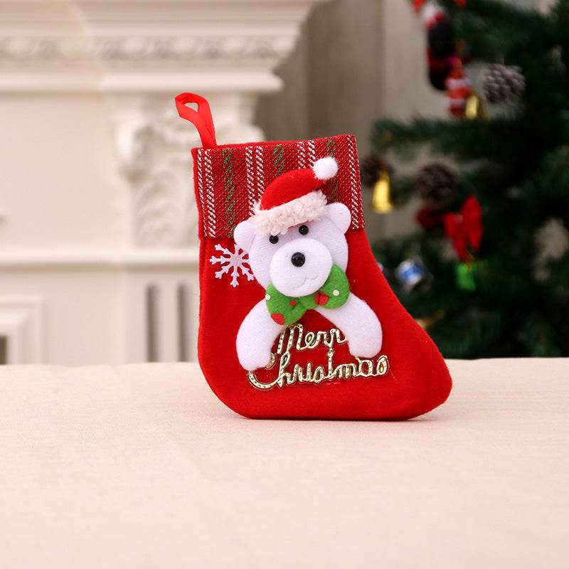 Red Christmas sock decoration with teddy bear and Merry Christmas text hanging loop