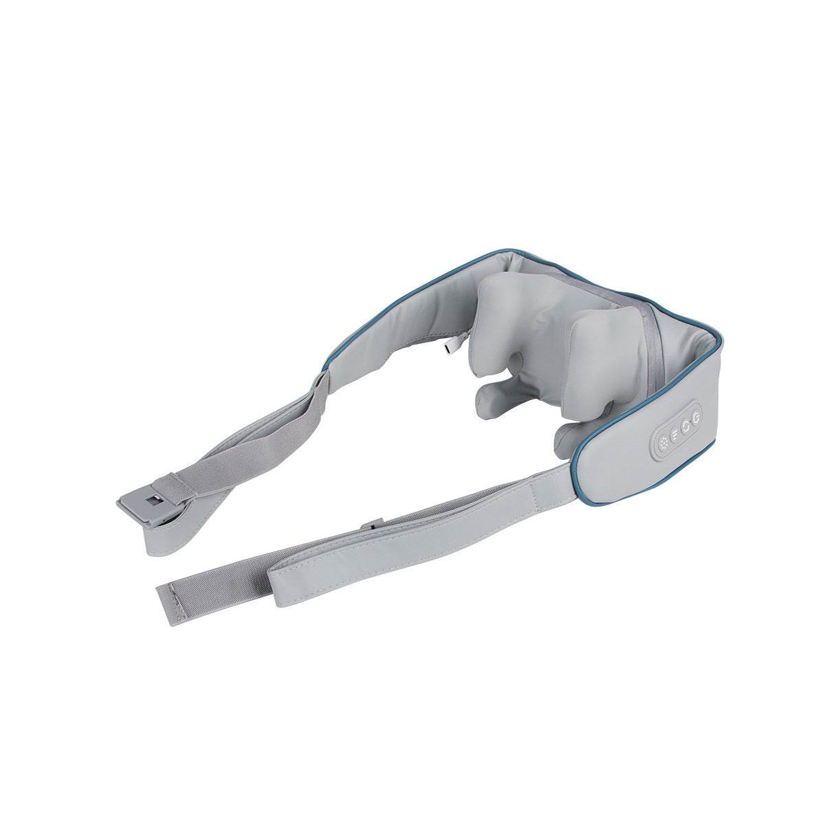 Woman using a rechargeable shoulder and neck trapezius massager in milky white color with remote control