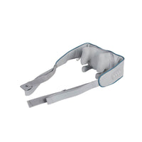 Woman using a rechargeable shoulder and neck trapezius massager in milky white color with remote control