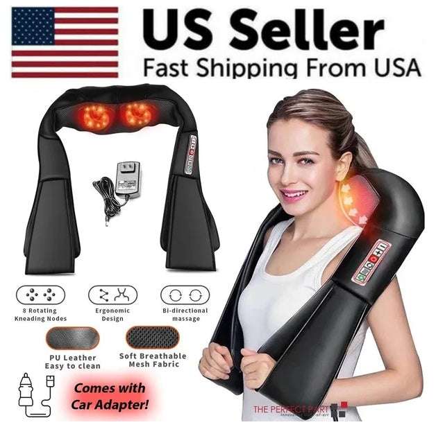 Shiatsu back neck and shoulder massager with heat, 3D kneading pillow in black PU leather with ergonomic design and car adapter.