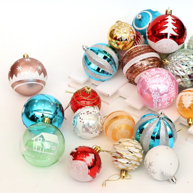 Assorted colorful 6cm hand-painted Christmas balls for tree decoration including red, blue, gold, green, and pink designs