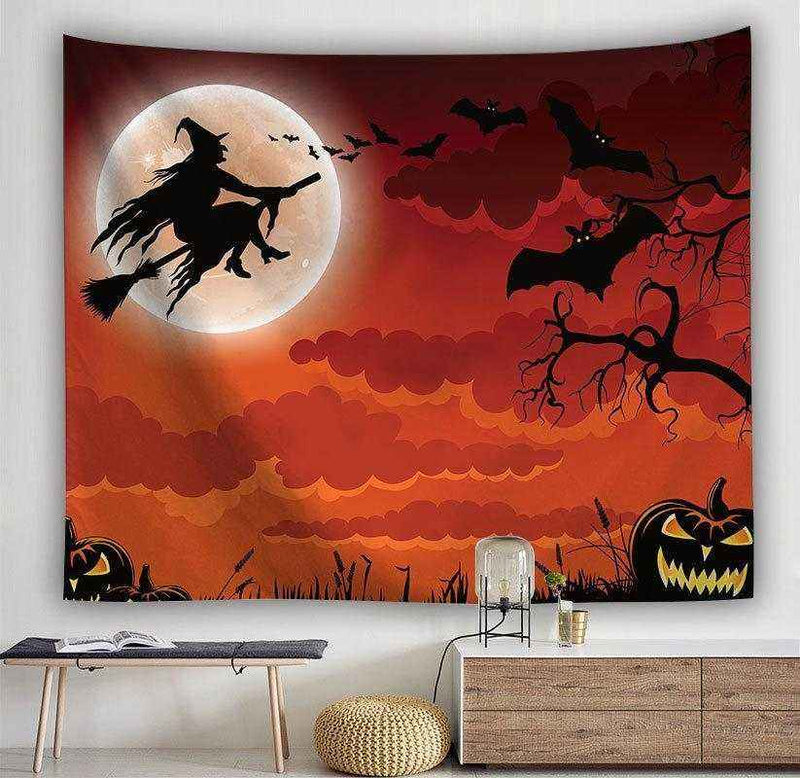 Halloween Witch Tapestry with silhouette of witch flying on broomstick against full moon and orange cloudy sky with bats and jack-o'-lanterns in Nordic style flannel cotton fabric