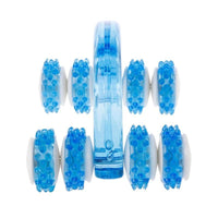 Blue body fitness massage roller with eight textured wheels and ergonomic handle for full body use