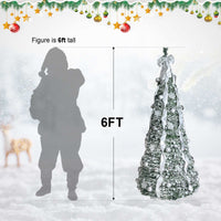 6ft pop up Christmas tree decorated with 36 silver and matte balls, white ribbon, large bow, and snowflakes holiday decorations