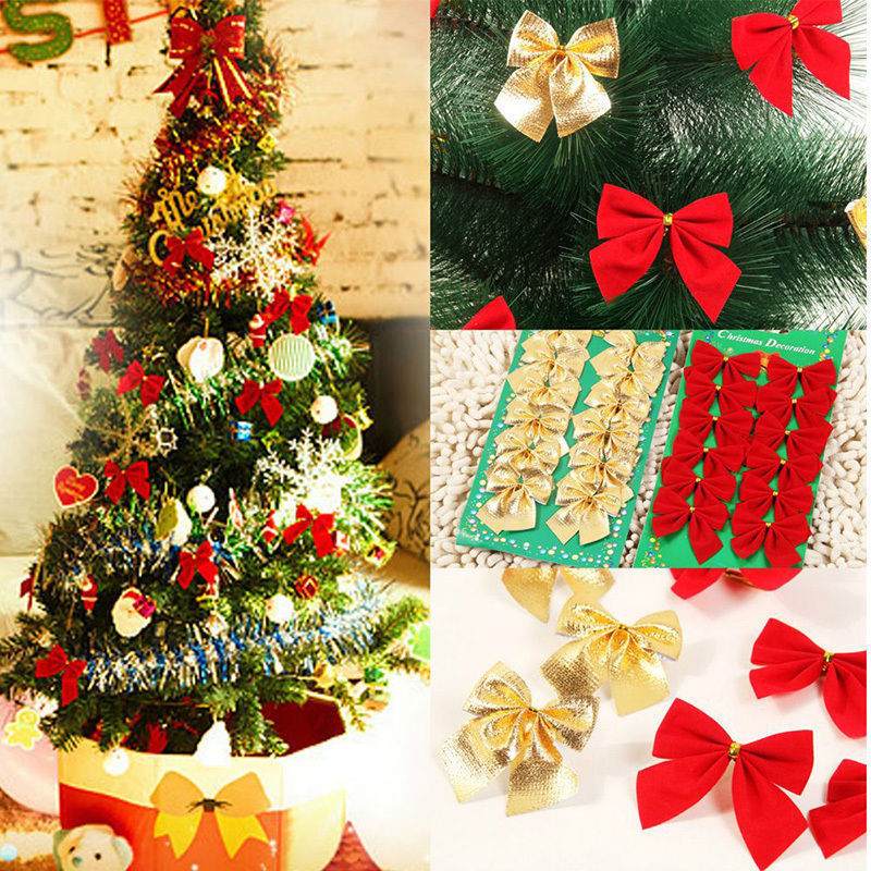 Christmas tree ornaments red and gold decorative bows on tree and packaging