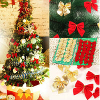 Christmas tree ornaments red and gold decorative bows on tree and packaging