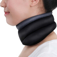 Woman wearing black cervical spine heat neck belt for pain relief and neck support