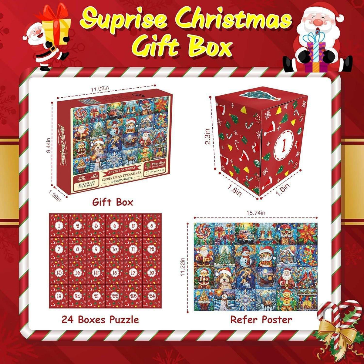 Christmas puzzle countdown calendar with 24 boxes and festive illustrations in a gift box