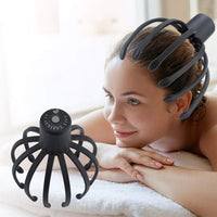 Electric scalp massager with 12 flexible TPE arms and USB charging in use on woman’s head