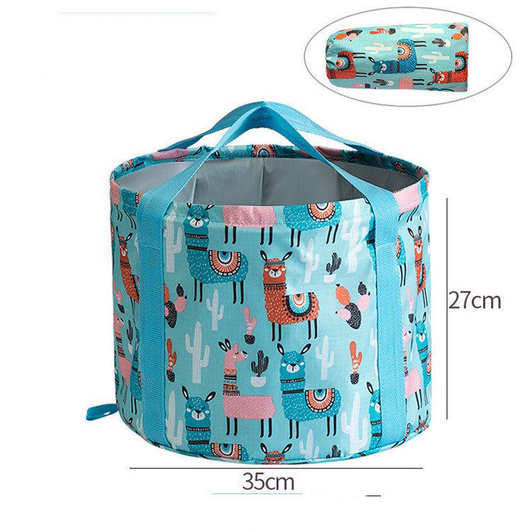 Large travel foot soak bag with foldable basin in blue with llama print and carrying handles
