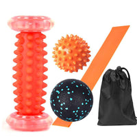 Orange foot massager roller set with spike ball, comfort ball, resistance ring, and storage bag