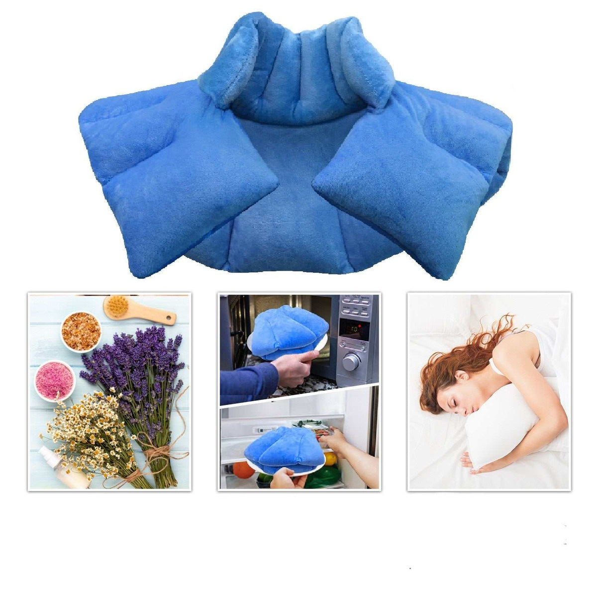 Man using blue flaxseed gravity neck shoulder pad for pain relief while working on laptop