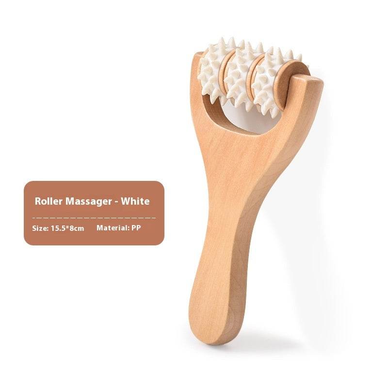 Woman using wooden portable roller foot meridian massage with three beads for stress relief and skin relaxation