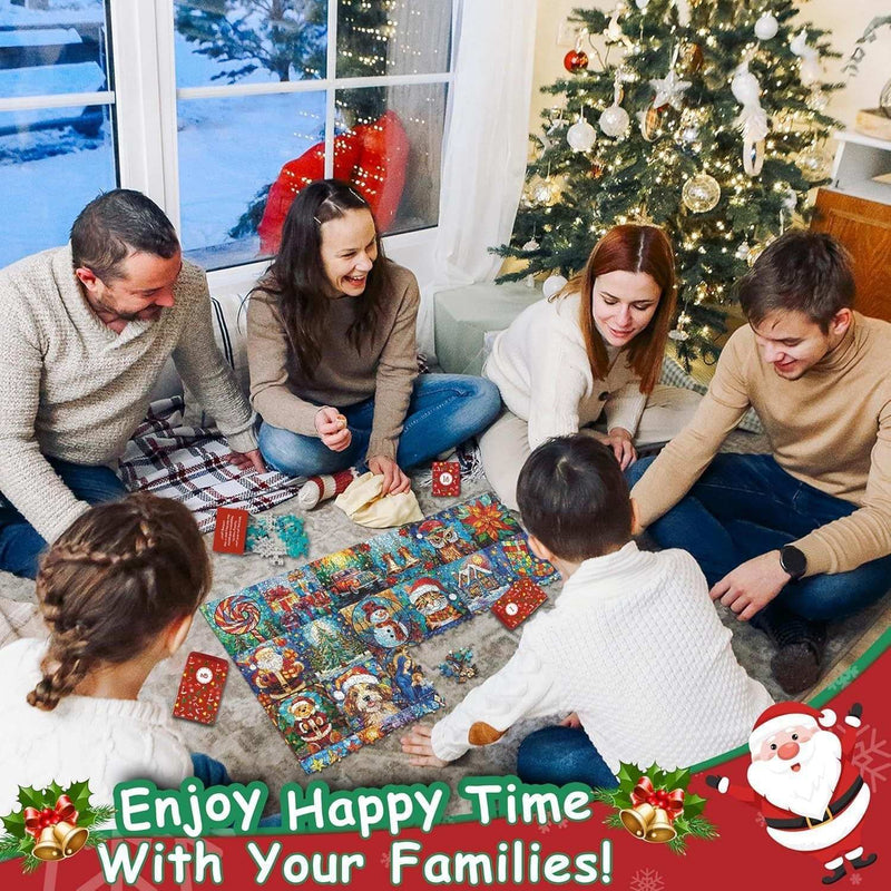 Family enjoying Christmas puzzle countdown calendar by decorated tree