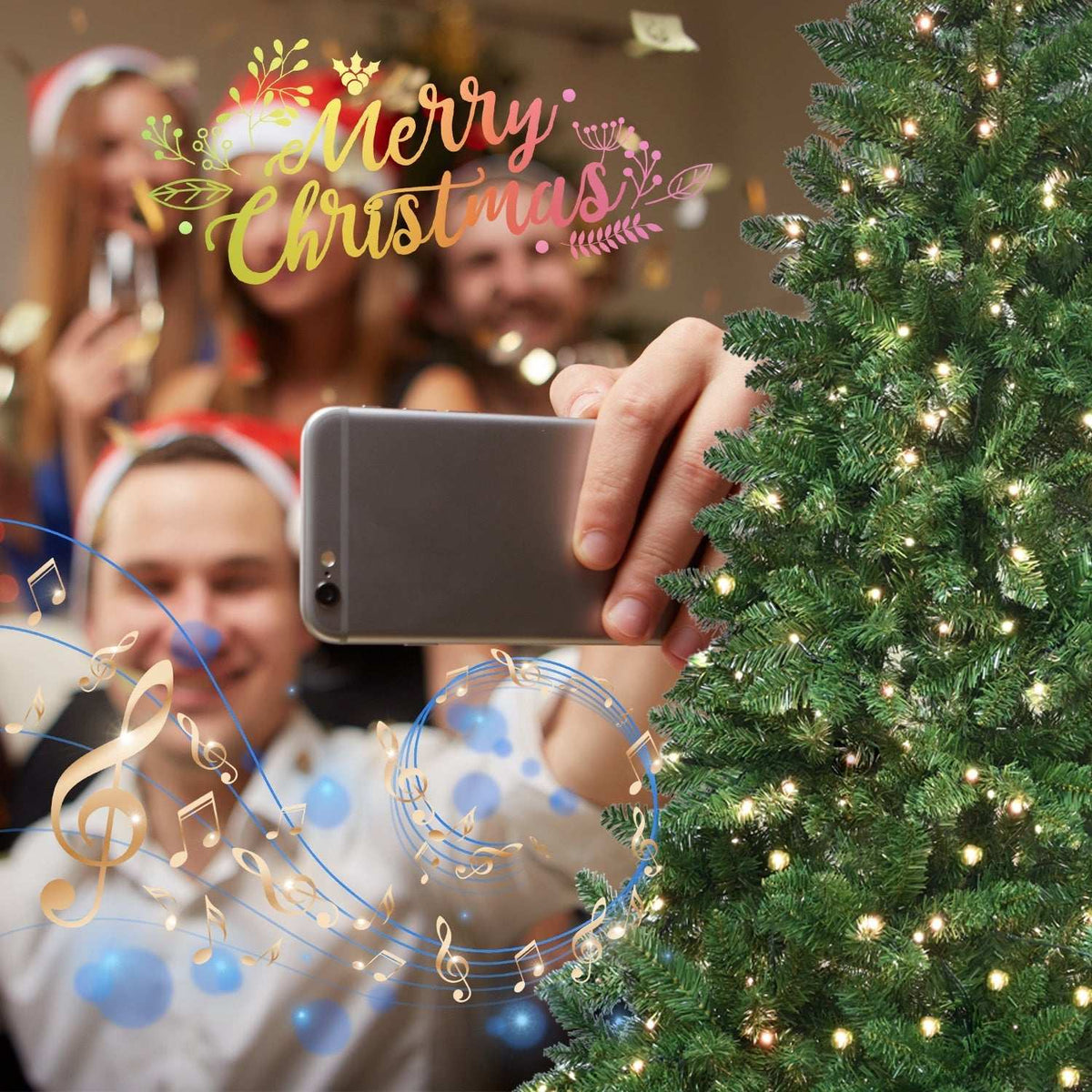 PE Christmas Tree decorated with lights and ornaments