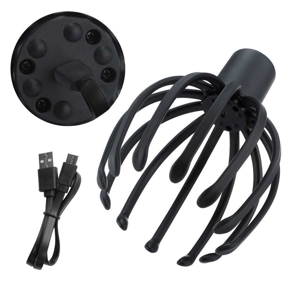 Black electric scalp massager with 12 flexible TPE arms and USB charging cable