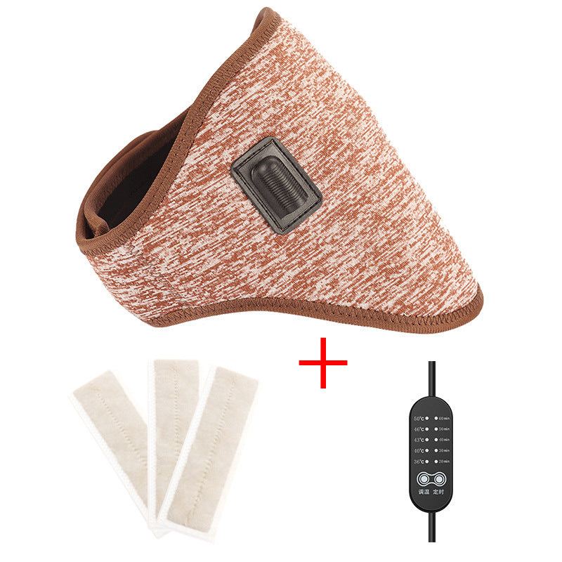 Woman wearing electric heating neck massage belt with USB power plug on beige background