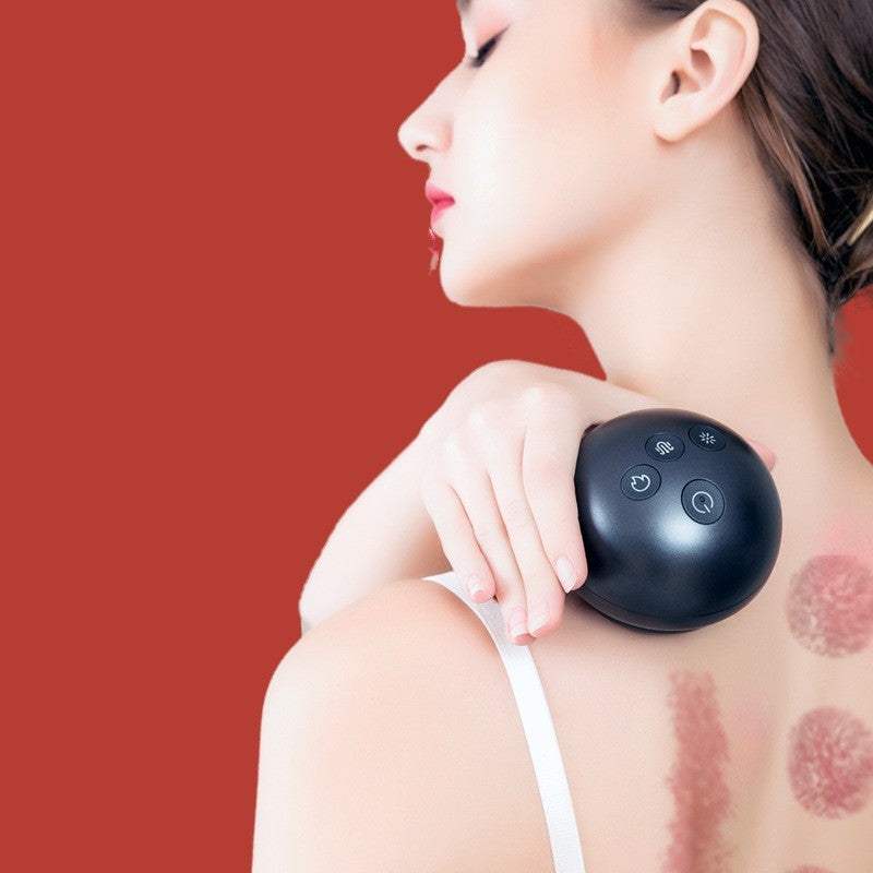 Woman using black rechargeable Stone Gua Sha electric massager on shoulder against red background