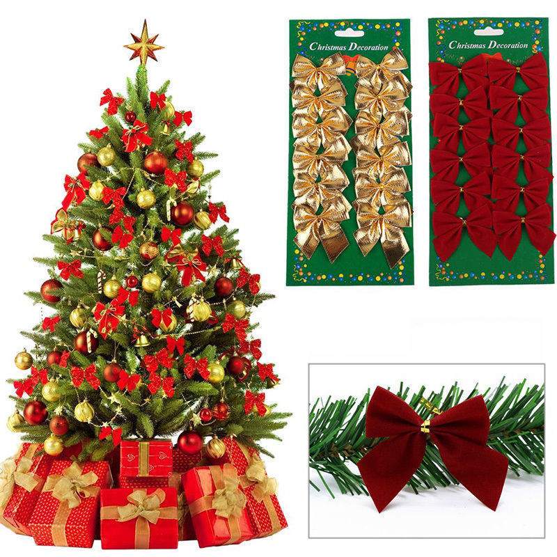 Red and gold Christmas tree ornaments bows for holiday decoration