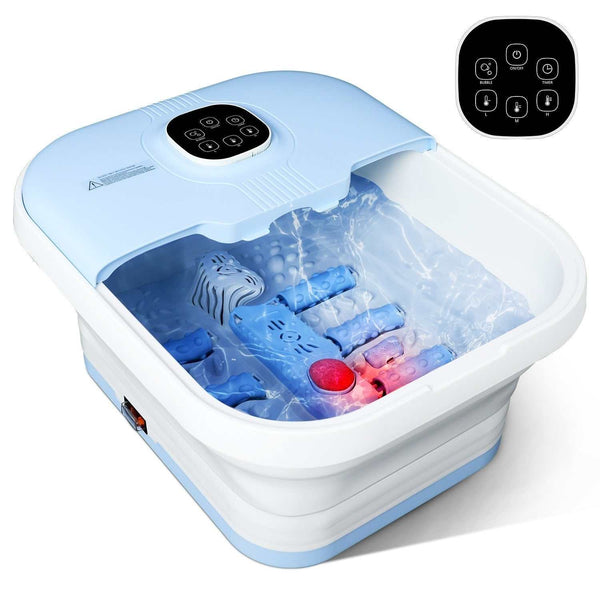Electric collapsible foot spa with heat, 16 massage rollers, bubbles, and remote control for home use