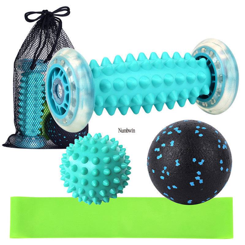 Foot massager roller set with spike ball, comfort ball, latex resistance ring, and mesh storage bag