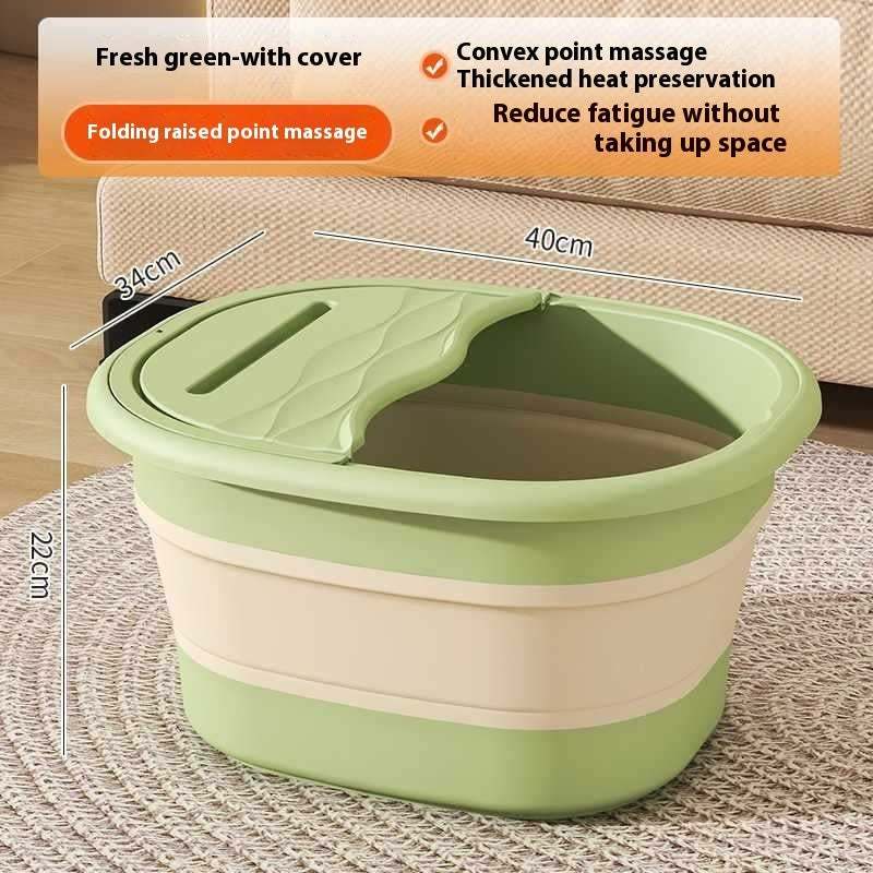Portable foot bath tub with foldable design and cover, featuring convex point massage and heat insulation, in fresh green and cream white colors.