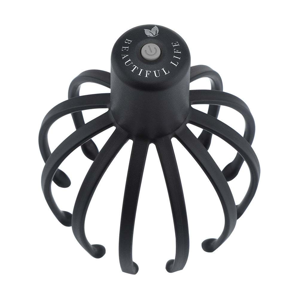 Black electric scalp massager with 12 flexible TPE massage arms and USB charging button on top