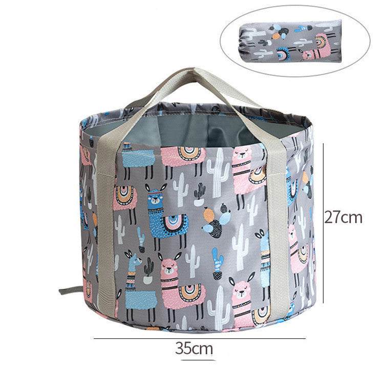 Large travel foldable foot soak bag with colorful alpaca pattern and carrying handles, 35cm diameter and 27cm height