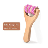 Woman using wooden portable roller foot meridian massage with three beads for stress relief and skin relaxation
