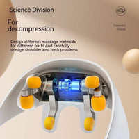 Woman using gray rechargeable shoulder and neck massager with USB charging and 3 gear settings