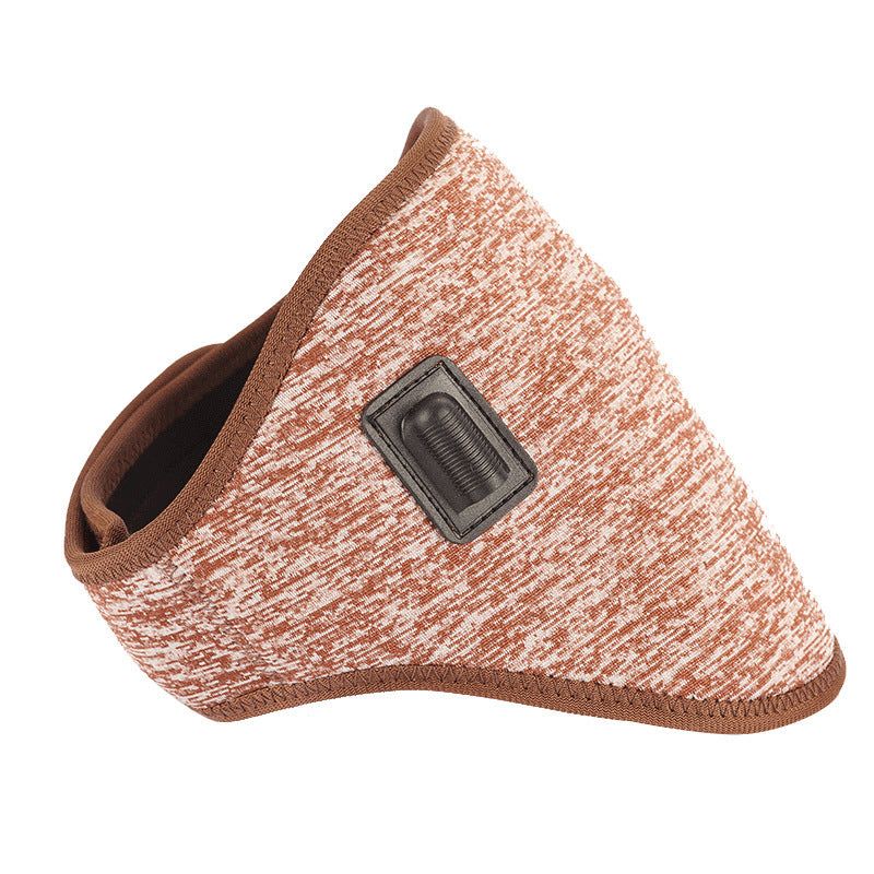 Woman wearing electric heating neck massage belt with USB power plug on beige background