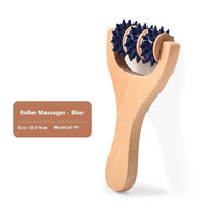 Woman using wooden portable roller foot meridian massage with three beads for stress relief and skin relaxation