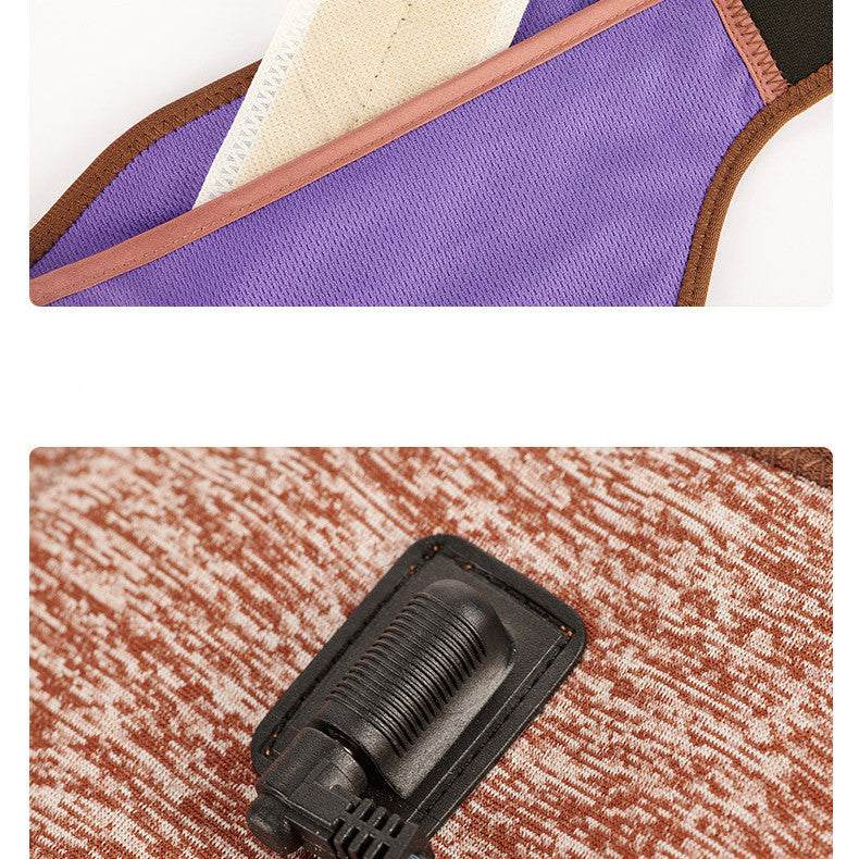 Woman wearing electric heating neck massage belt with USB power plug on beige background