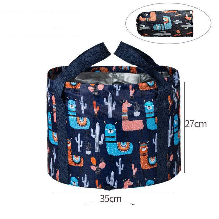 Large travel foot soak bag with foldable basin and colorful llama pattern, 35cm diameter and 27cm height