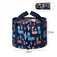 Large travel foot soak bag with foldable basin and colorful llama pattern, 35cm diameter and 27cm height