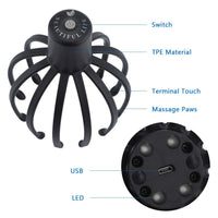 Electric scalp massager with TPE material, 12 flexible massage paws, USB charging, LED indicators, and 3-speed vibration control.