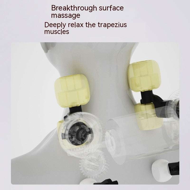 Woman using a rechargeable shoulder and neck trapezius massager in milky white color with remote control