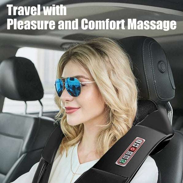 Shiatsu back neck and shoulder massager with heat, 3D kneading pillow in black PU leather with ergonomic design and car adapter.