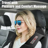 Shiatsu back neck and shoulder massager with heat, 3D kneading pillow in black PU leather with ergonomic design and car adapter.