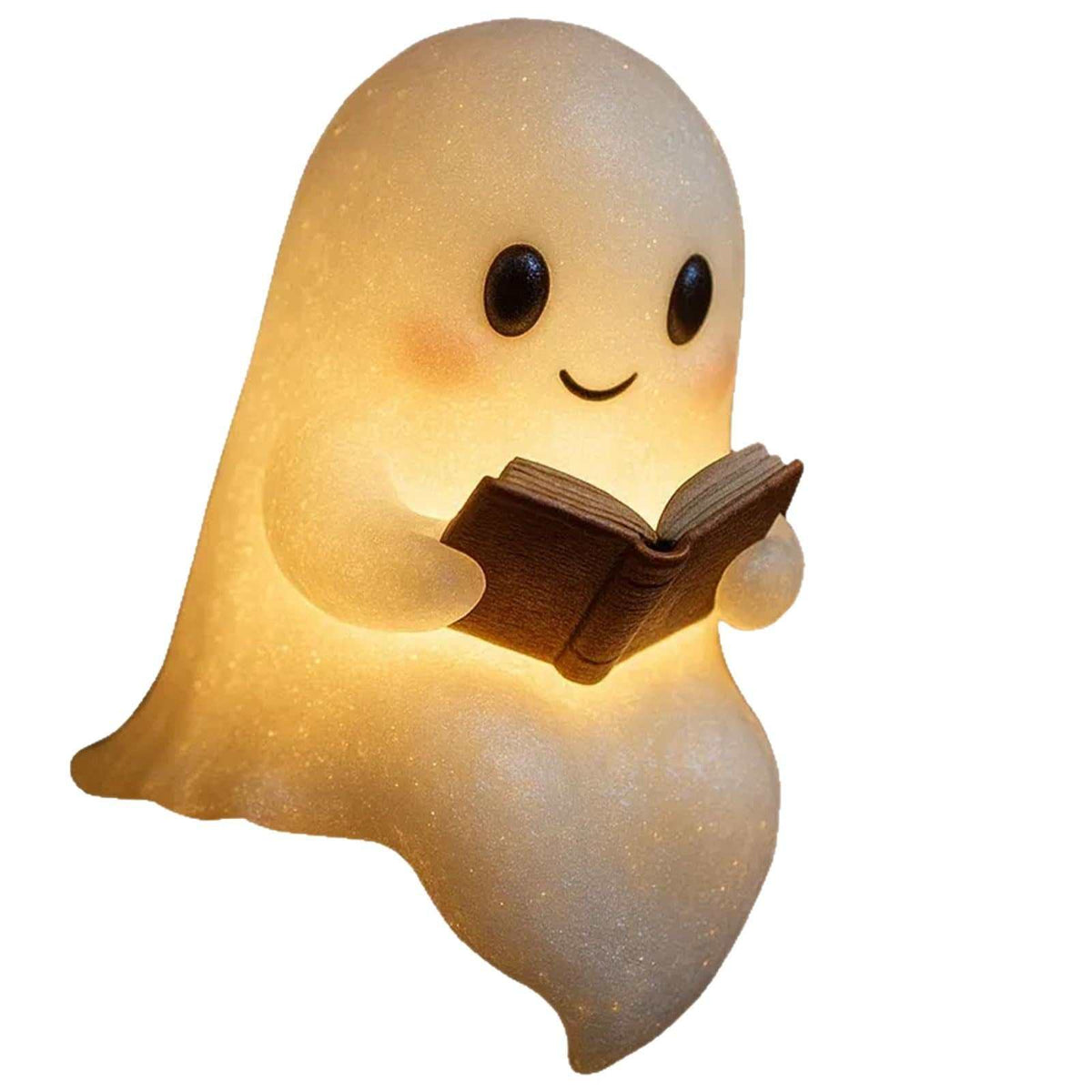 Cute LED ghost night light with warm candlelight effect holding a book, perfect Halloween decor and children's bedside lamp