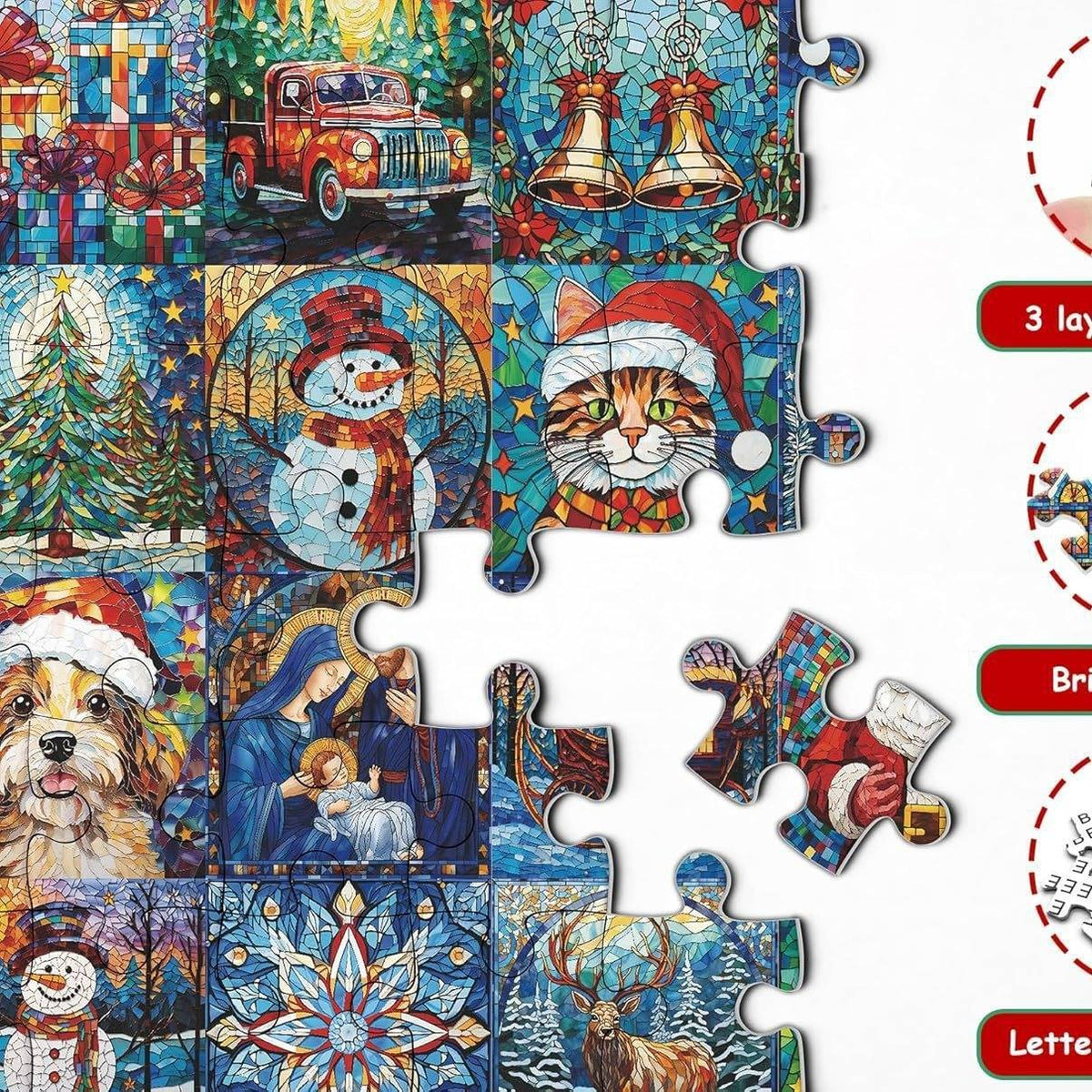 Christmas puzzle pieces with festive illustrations including Santa, snowman, cat, dog, and holiday decorations