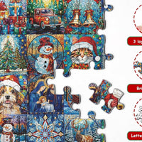 Christmas puzzle pieces with festive illustrations including Santa, snowman, cat, dog, and holiday decorations
